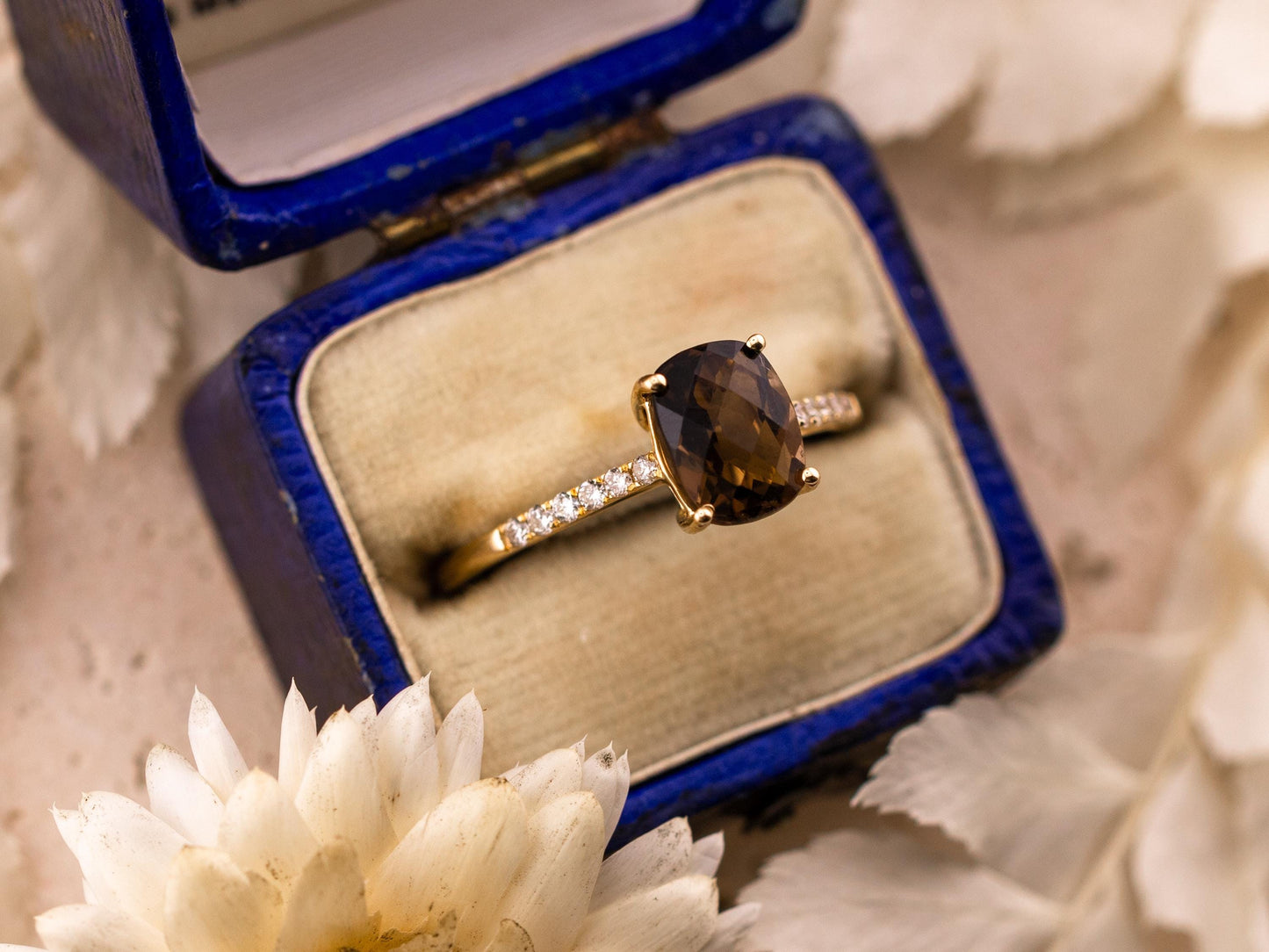 Smoky quartz and diamond ring 14k solid gold pave band ring statement or engagement ring cushion cut smoky quartz with pave band, size 7