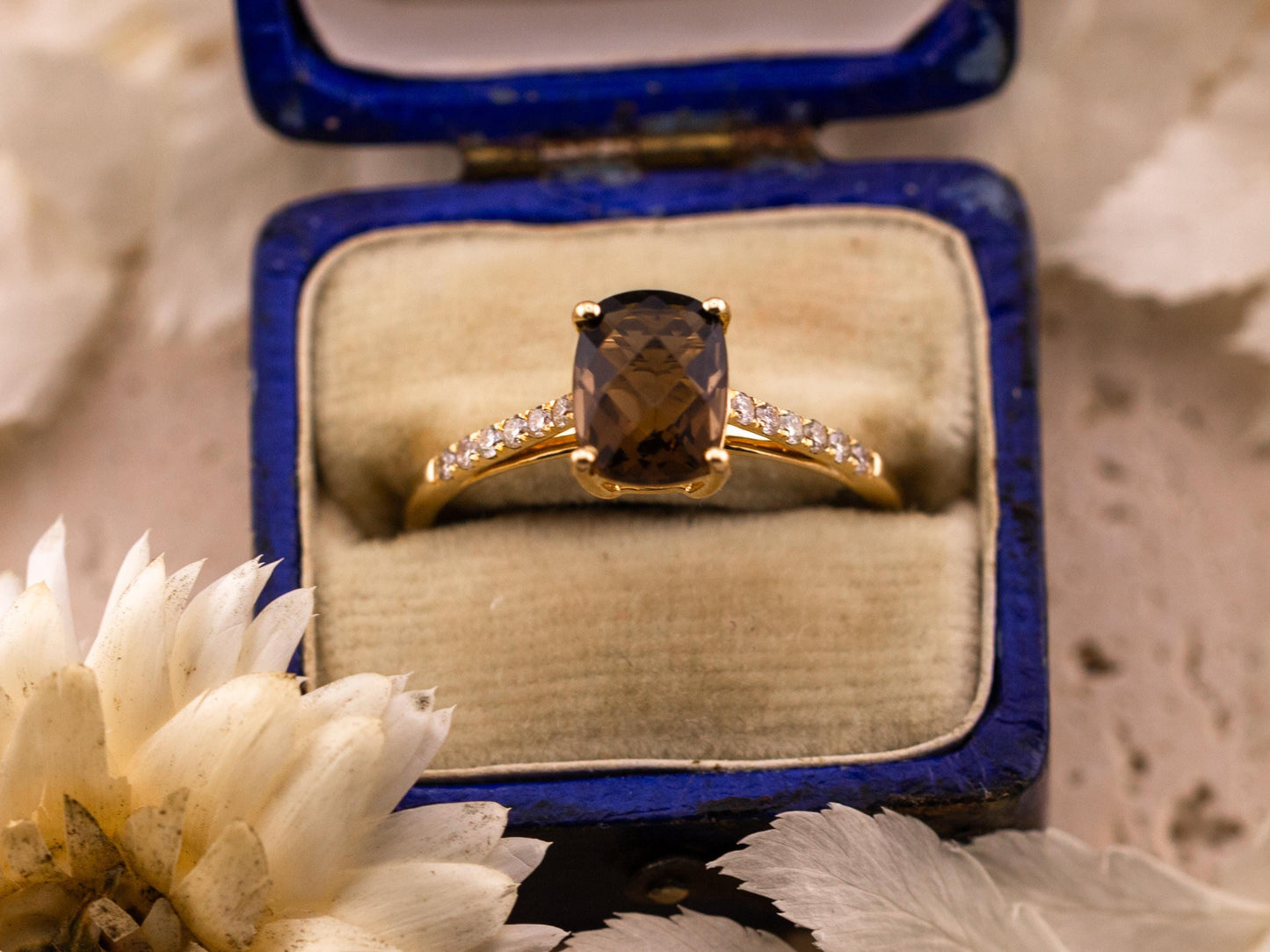 Smoky quartz and diamond ring 14k solid gold pave band ring statement or engagement ring cushion cut smoky quartz with pave band, size 7