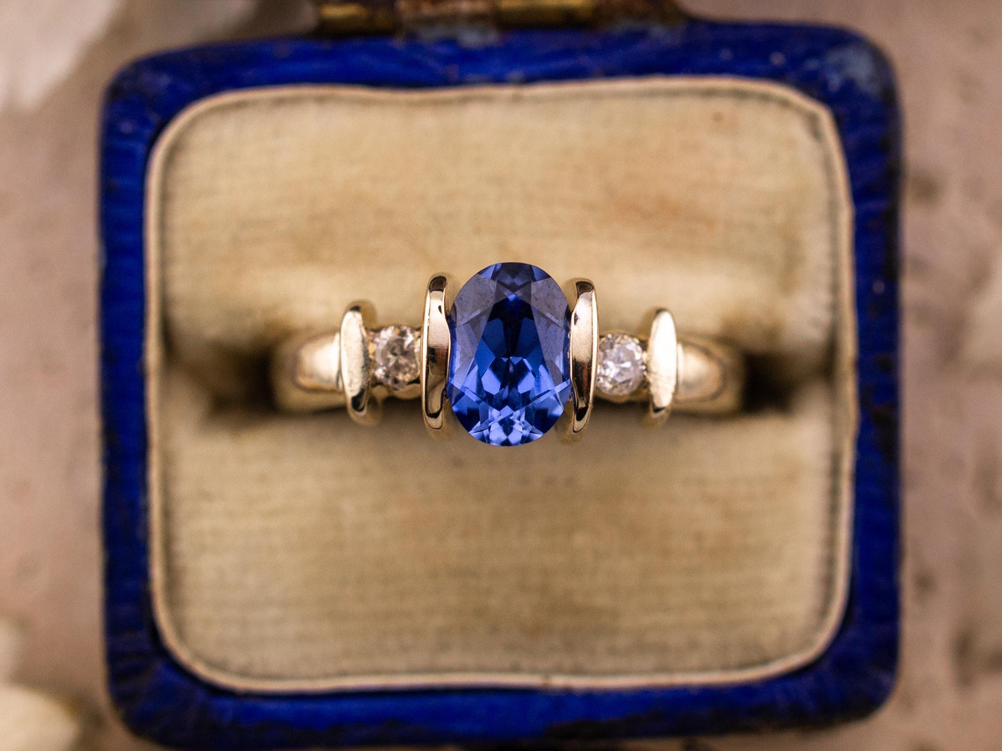 Vintage Sapphire and diamond ring three stone ring 9k solid white gold ring with lab grown ethical sapphire and natural diamonds, size 4.75