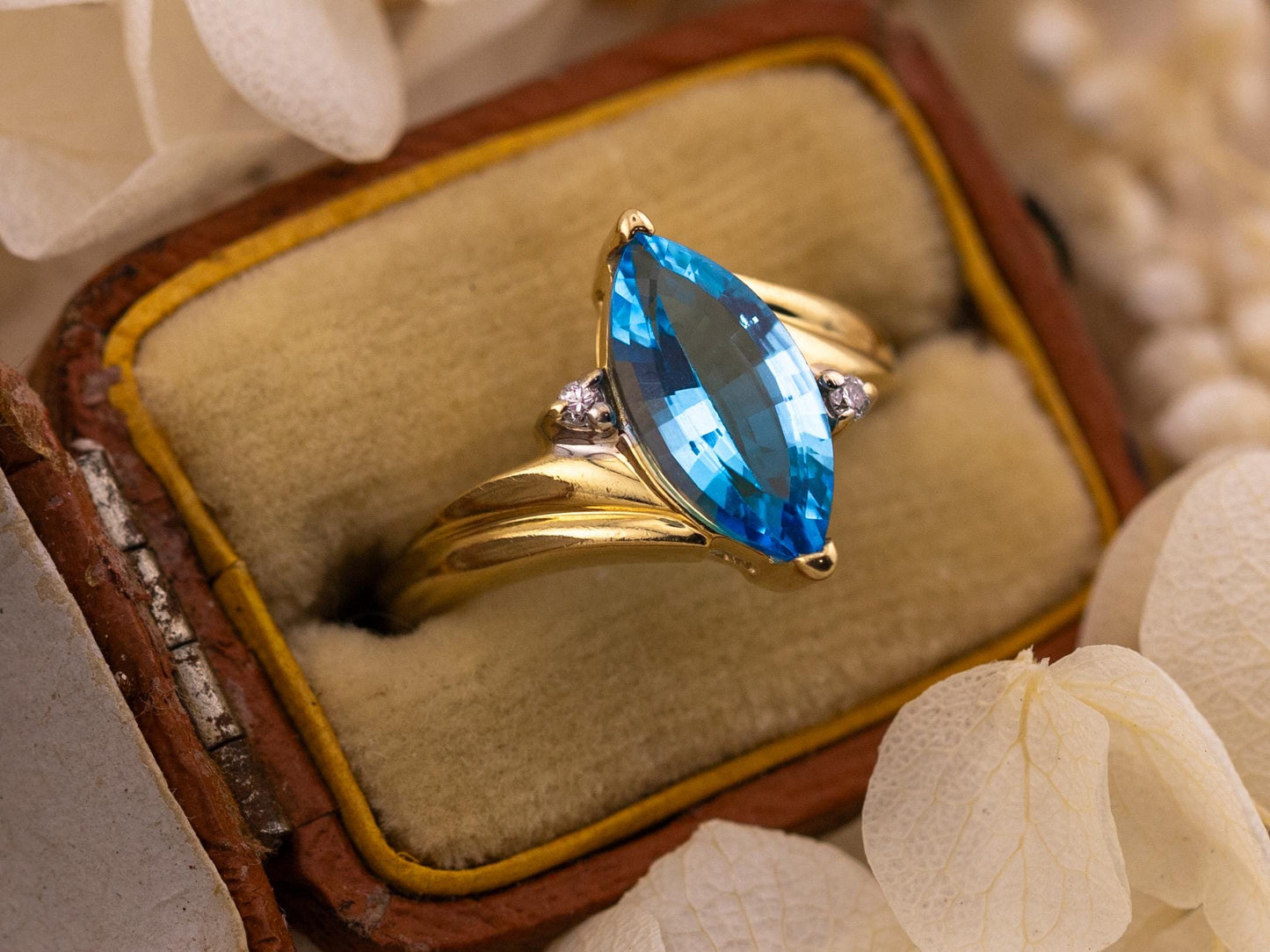 Vintage topaz marquise ring with diamonds 14k solid yellow gold ring blue topaz and diamond bypass ring, Size 5.75