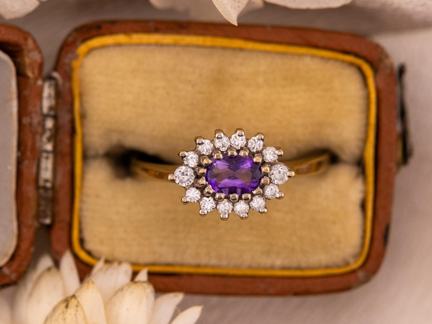 Vintage amethyst ring east to west 9k solid yellow gold ring amethyst halo ring oval cut, Size 7