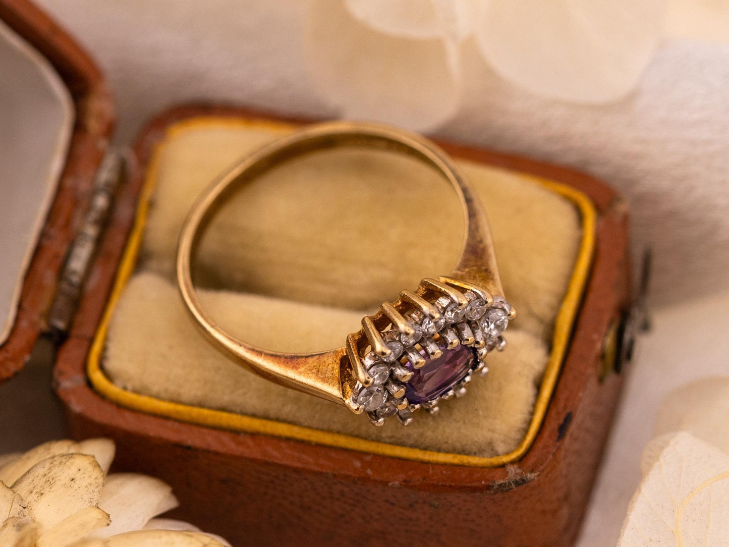 Vintage amethyst ring east to west 9k solid yellow gold ring amethyst halo ring oval cut, Size 7