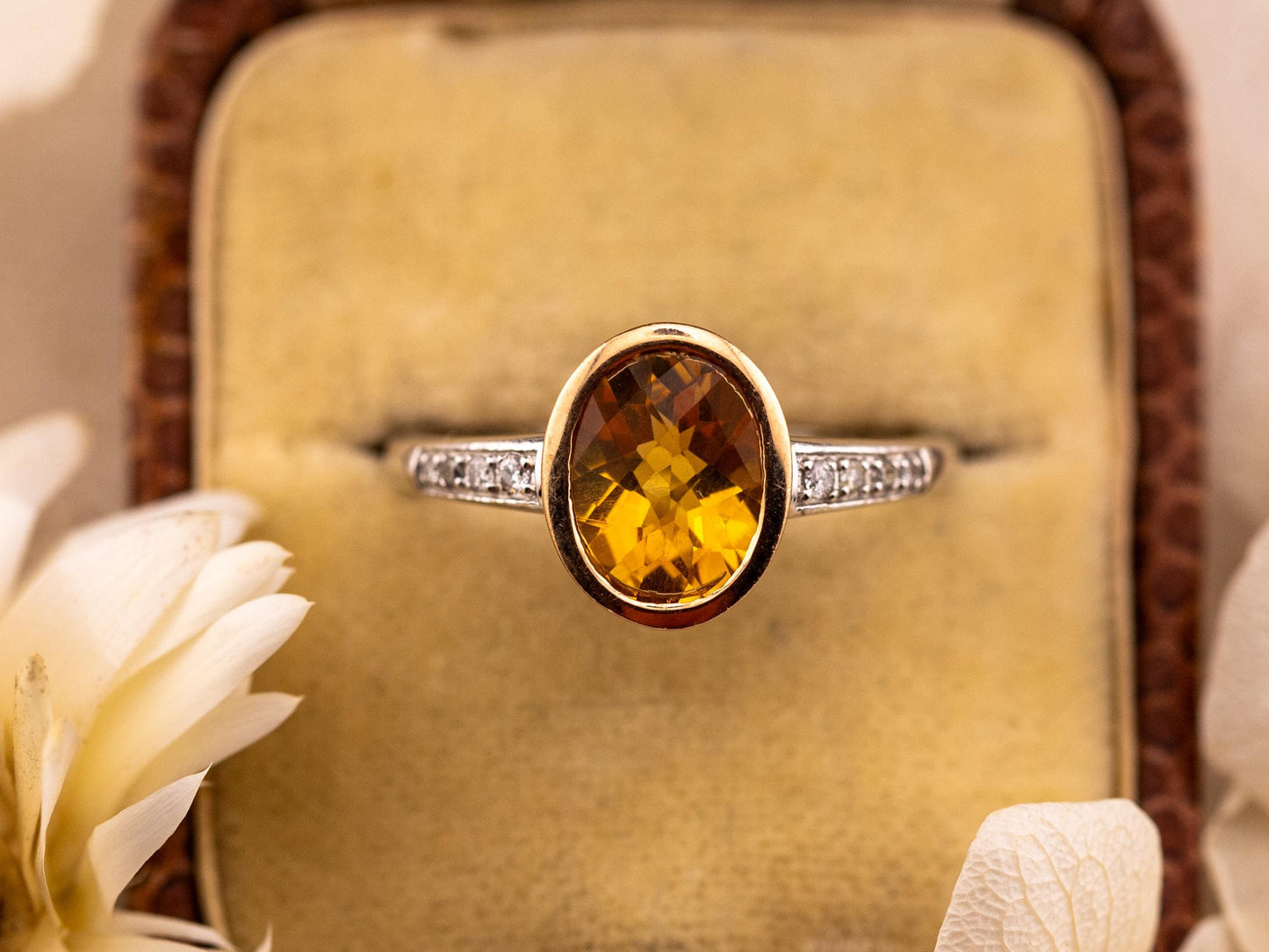 Vintage citrine ring 14k solid yellow gold citrine and diamond ring pave two tone ring November birthstone ring, Size 7