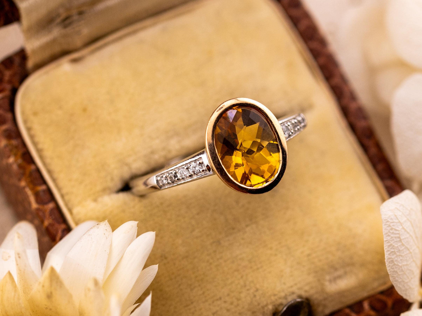 Vintage citrine ring 14k solid yellow gold citrine and diamond ring pave two tone ring November birthstone ring, Size 7
