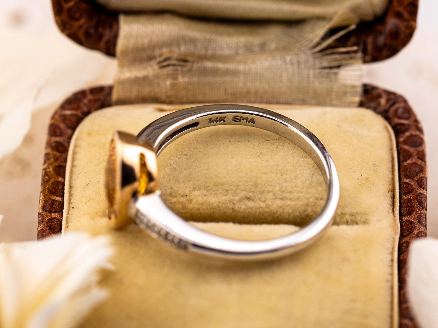 Vintage citrine ring 14k solid yellow gold citrine and diamond ring pave two tone ring November birthstone ring, Size 7