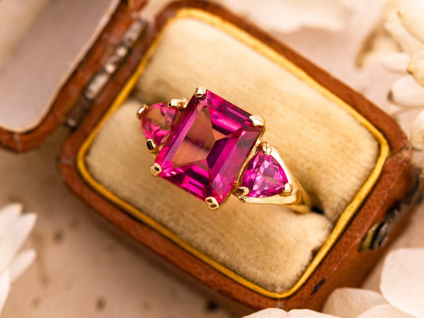 Vintage pink topaz ring emerald cut three stone ring 10k solid yellow gold ring, size 7.25