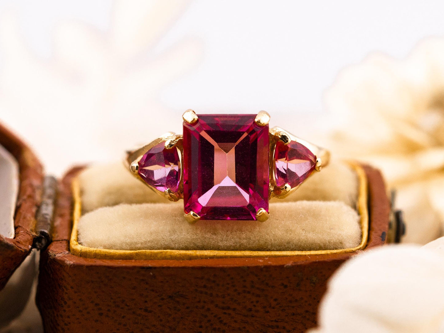 Vintage pink topaz ring emerald cut three stone ring 10k solid yellow gold ring, size 7.25