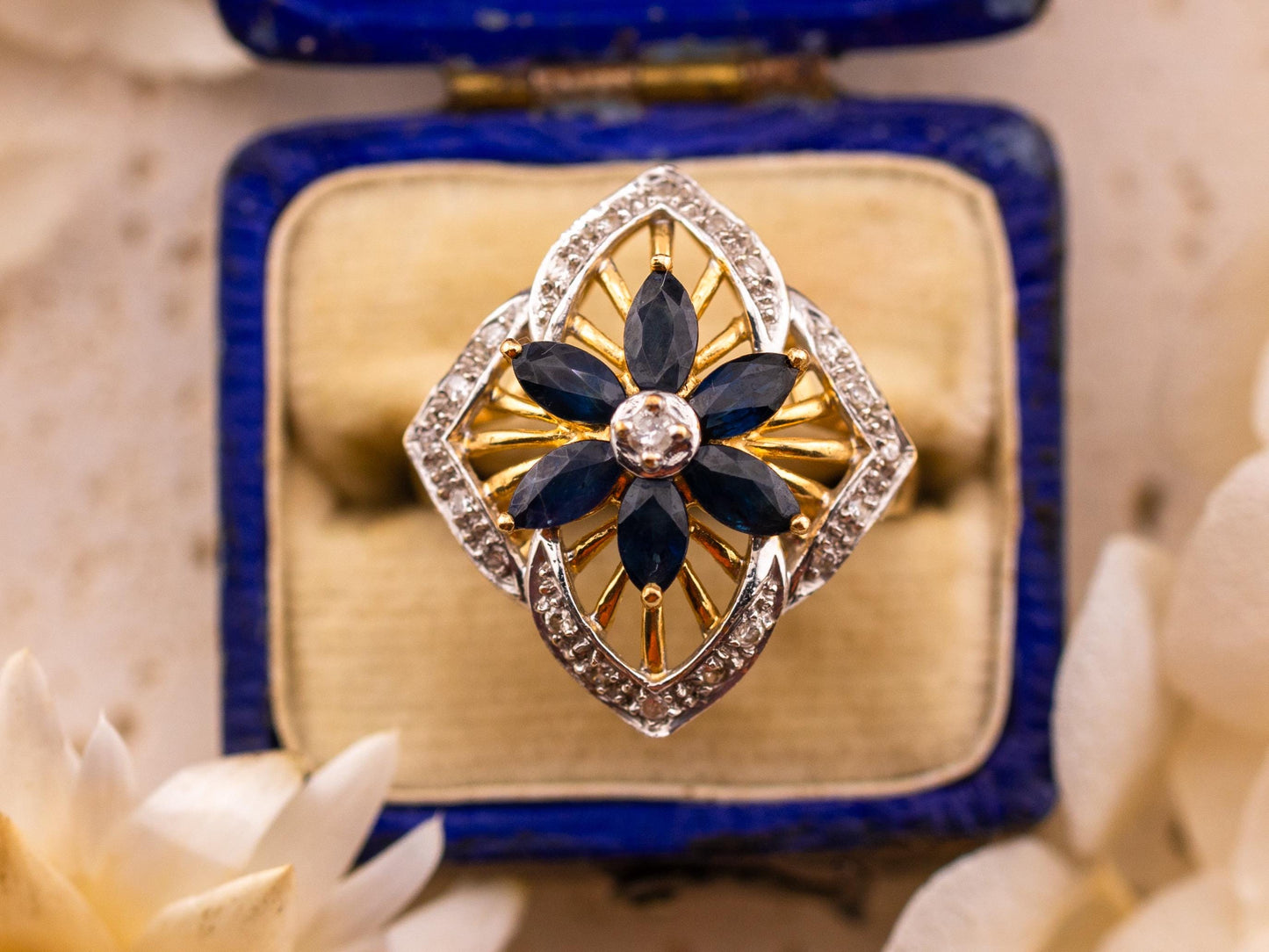 Vintage Sapphire and diamond ring marquise flower sapphire ring 14k solid yellow gold antique ring vintage ring, size 6.25