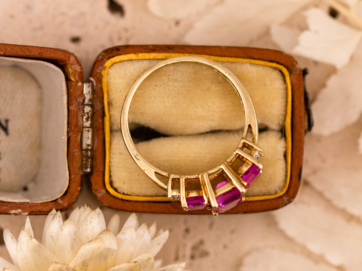 Vintage pink sapphire ring emerald cut three stone sapphire ring 10k solid yellow gold lab grown ethical pink sapphires, size 7