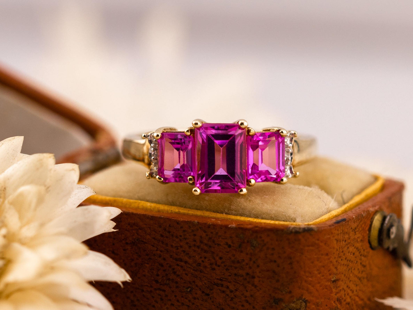Vintage pink sapphire ring emerald cut three stone sapphire ring 10k solid yellow gold lab grown ethical pink sapphires, size 7