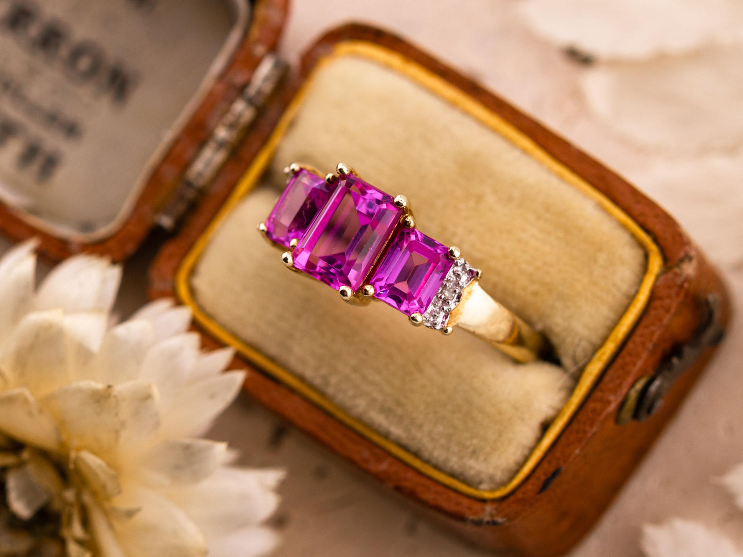 Vintage pink sapphire ring emerald cut three stone sapphire ring 10k solid yellow gold lab grown ethical pink sapphires, size 7