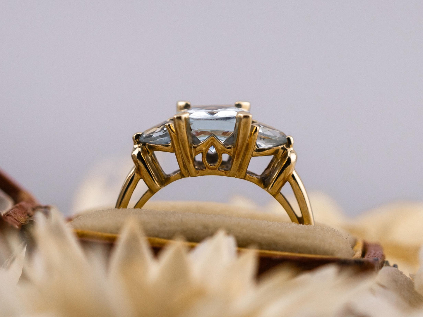 Vintage aquamarine ring three stone ring 10k solid yellow gold ring, size 6
