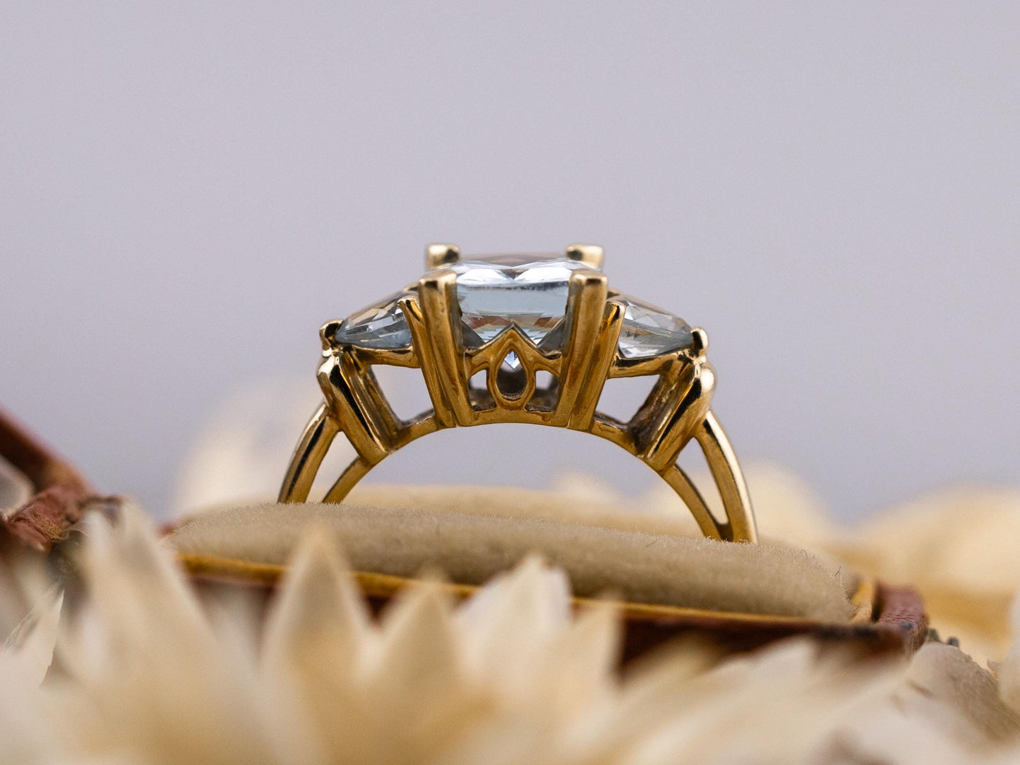 Vintage aquamarine ring three stone ring 10k solid yellow gold ring, size 6