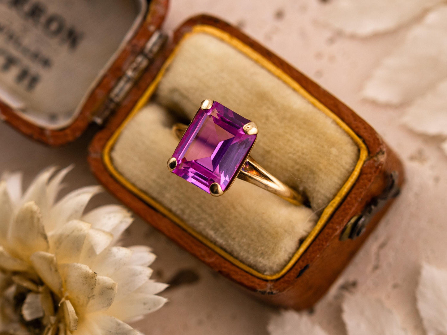 Vintage pink sapphire ring emerald cut ring 10k solid yellow gold ring, size 7.5