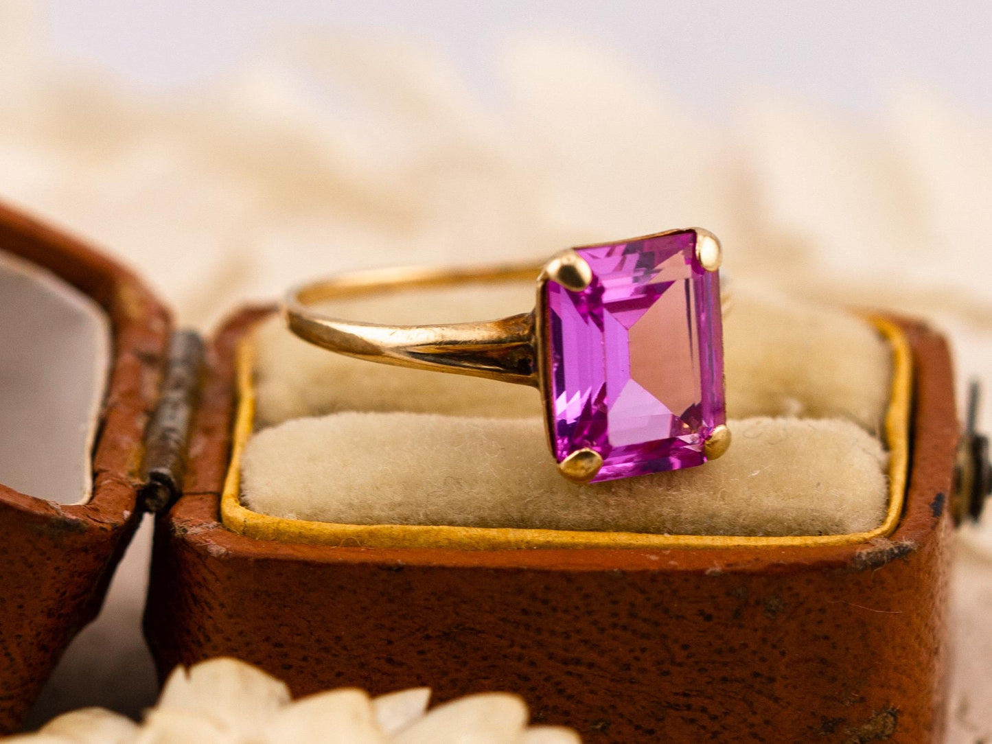Vintage pink sapphire ring emerald cut ring 10k solid yellow gold ring, size 7.5