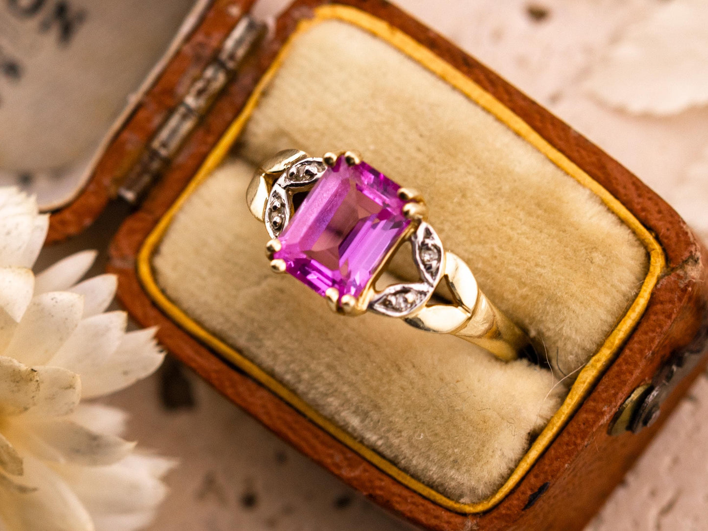 Vintage pink sapphire ring emerald cut sapphire ring 10k solid yellow gold with diamond accents antique ring, size 7.25