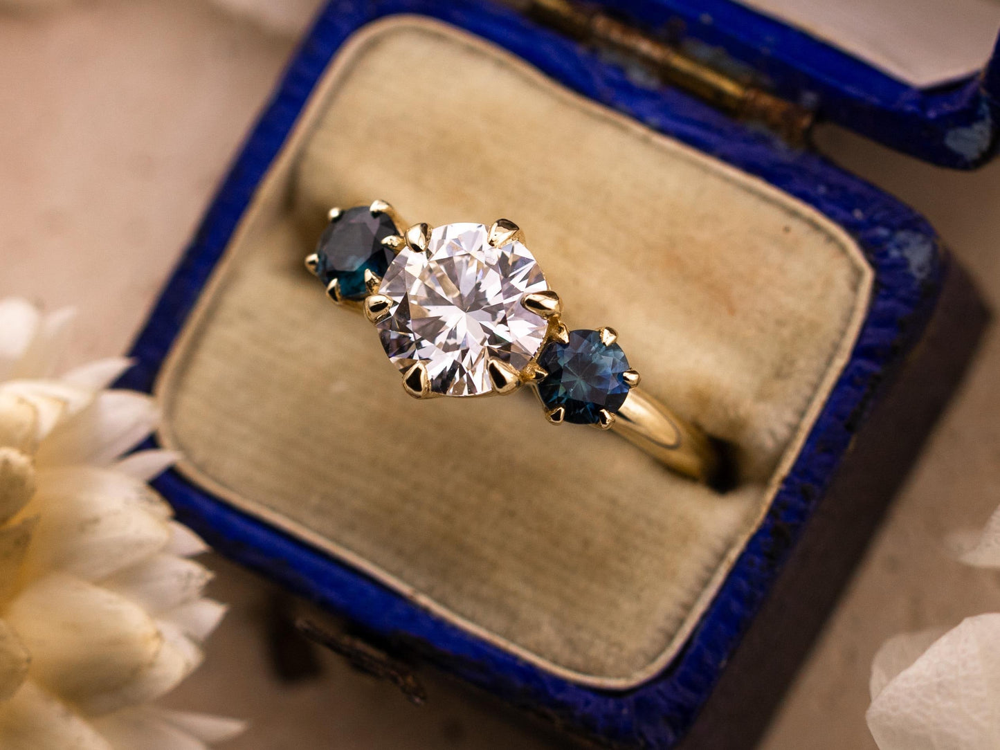 Round cut three stone engagement ring with sapphire side stones lab grown diamond 2 carat 14k solid gold IGI certified lab grown diamond