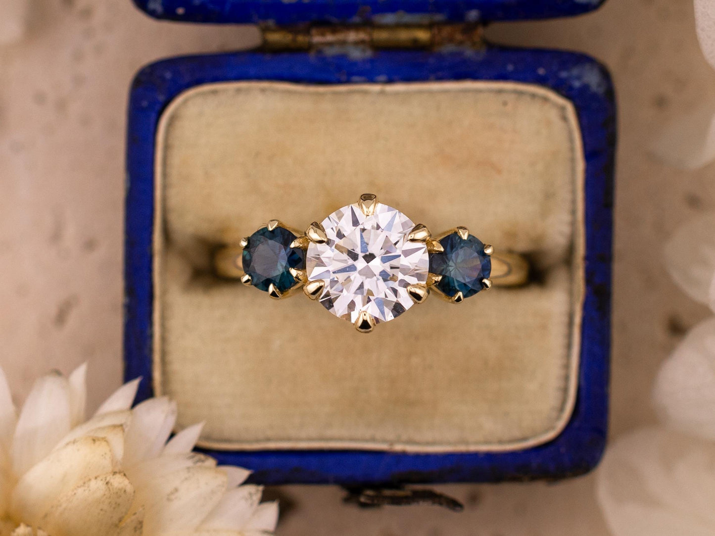Round cut three stone engagement ring with sapphire side stones lab grown diamond 2 carat 14k solid gold IGI certified lab grown diamond