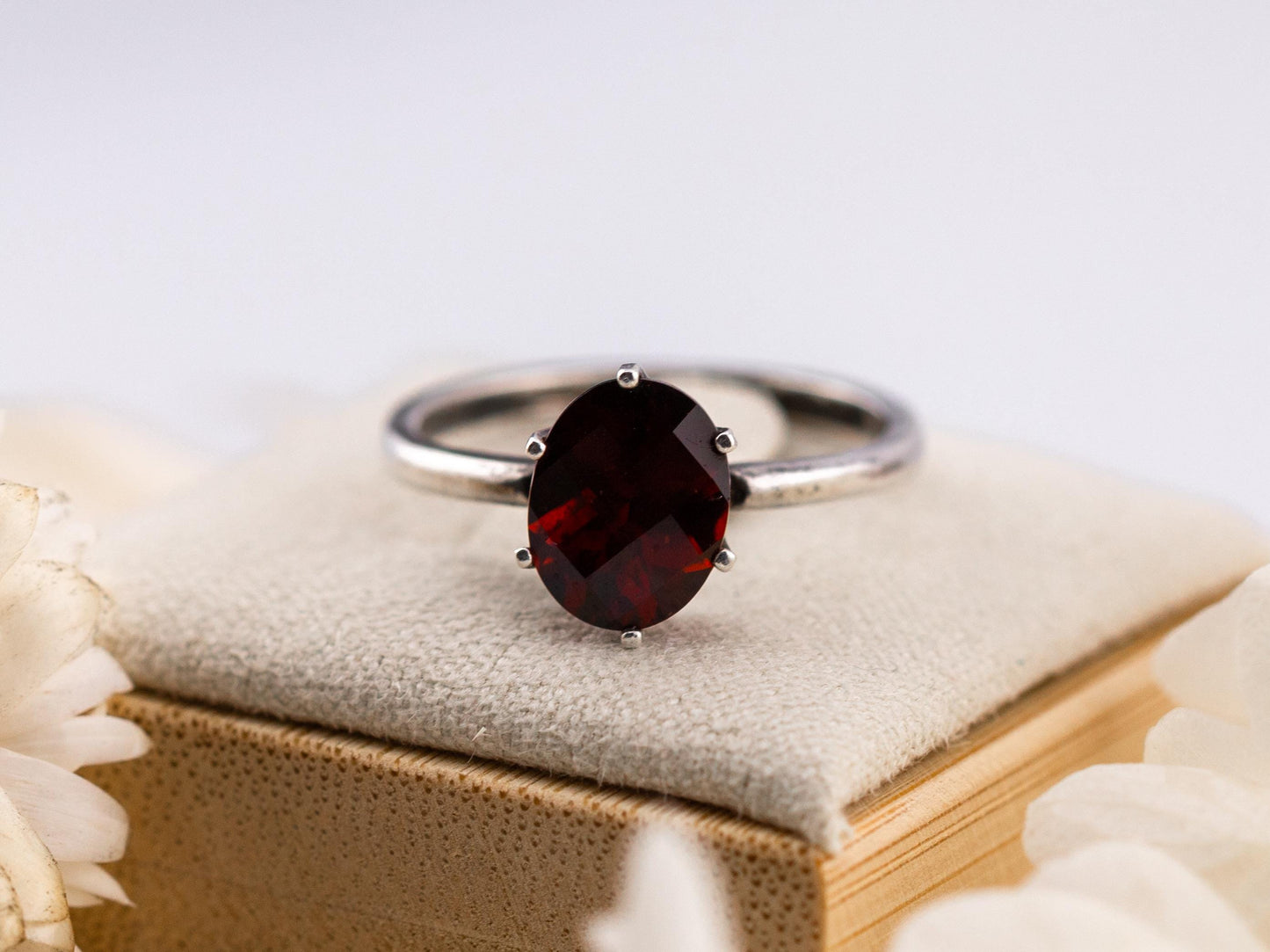Garnet ring January birthstone ring solid sterling silver ring solitaire oval garnet, size 7
