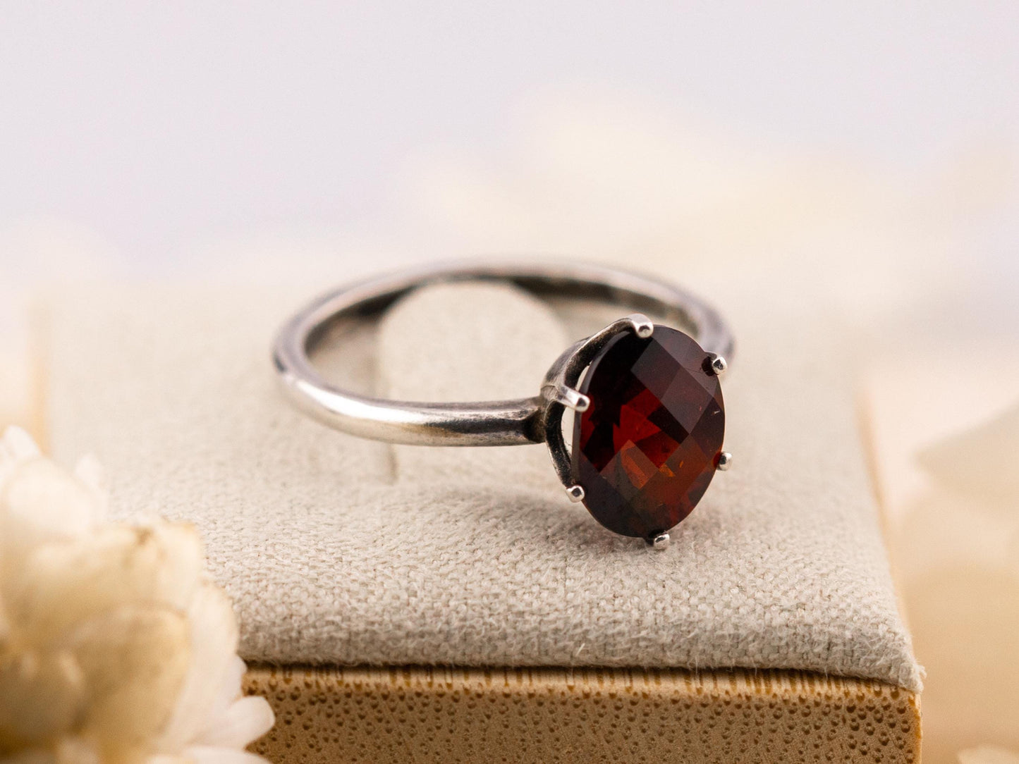 Garnet ring January birthstone ring solid sterling silver ring solitaire oval garnet, size 7