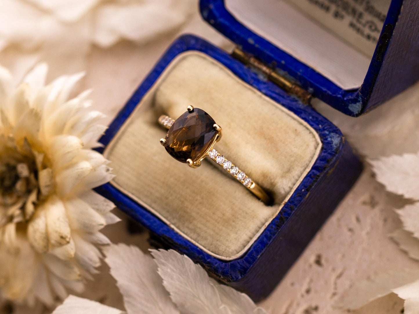 Smoky quartz and diamond ring 14k solid gold pave band ring statement or engagement ring cushion cut smoky quartz with pave band, size 7
