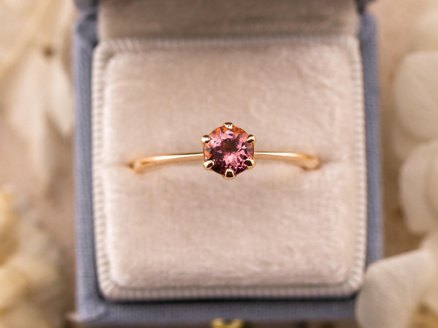 Vintage pink tourmaline ring 9k solid rose gold round cut solitaire ring, size 10