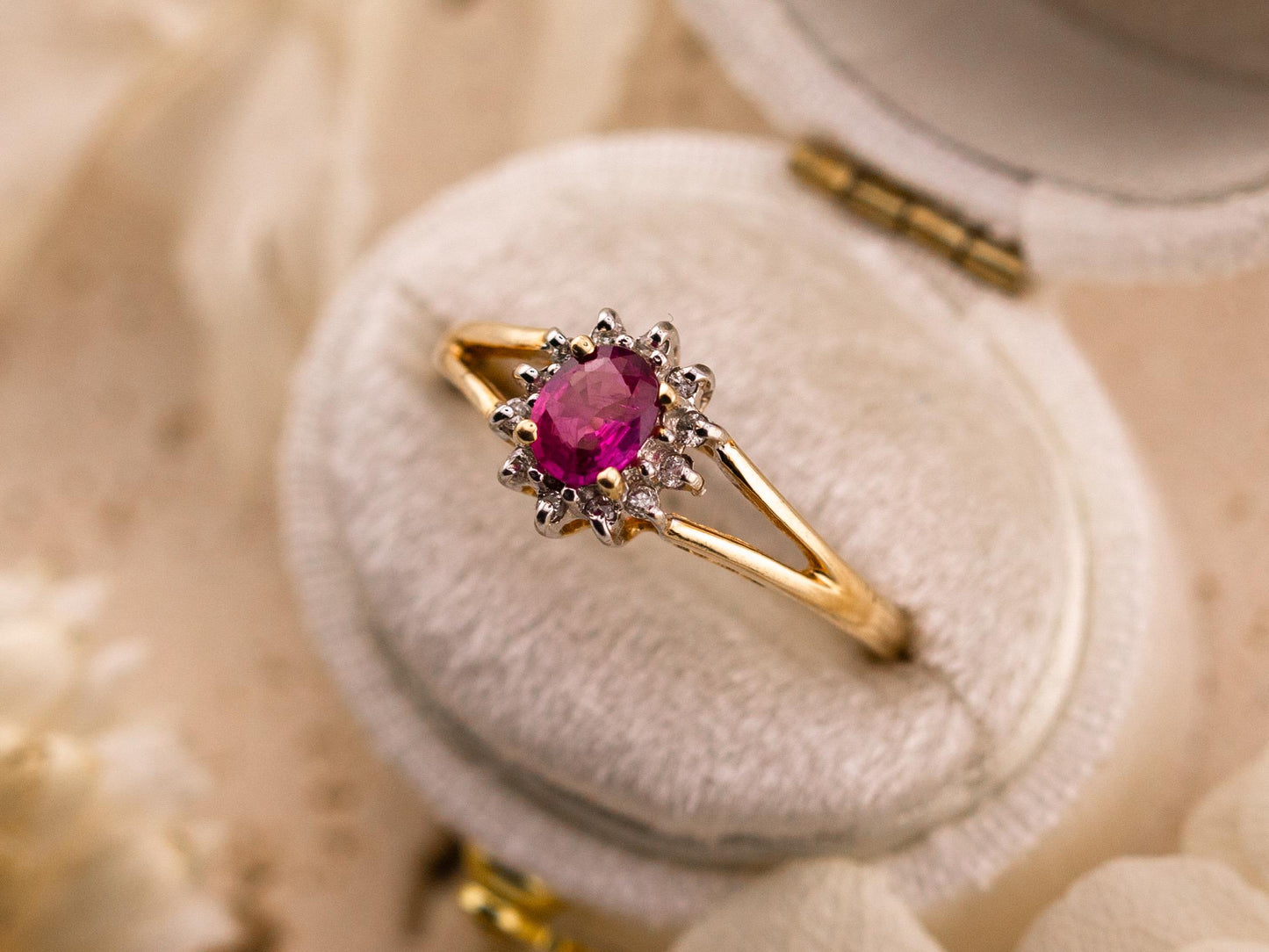 Vintage ruby ring oval cut halo ring 10k solid yellow gold ring vintage pink ring split shank ring, size 7