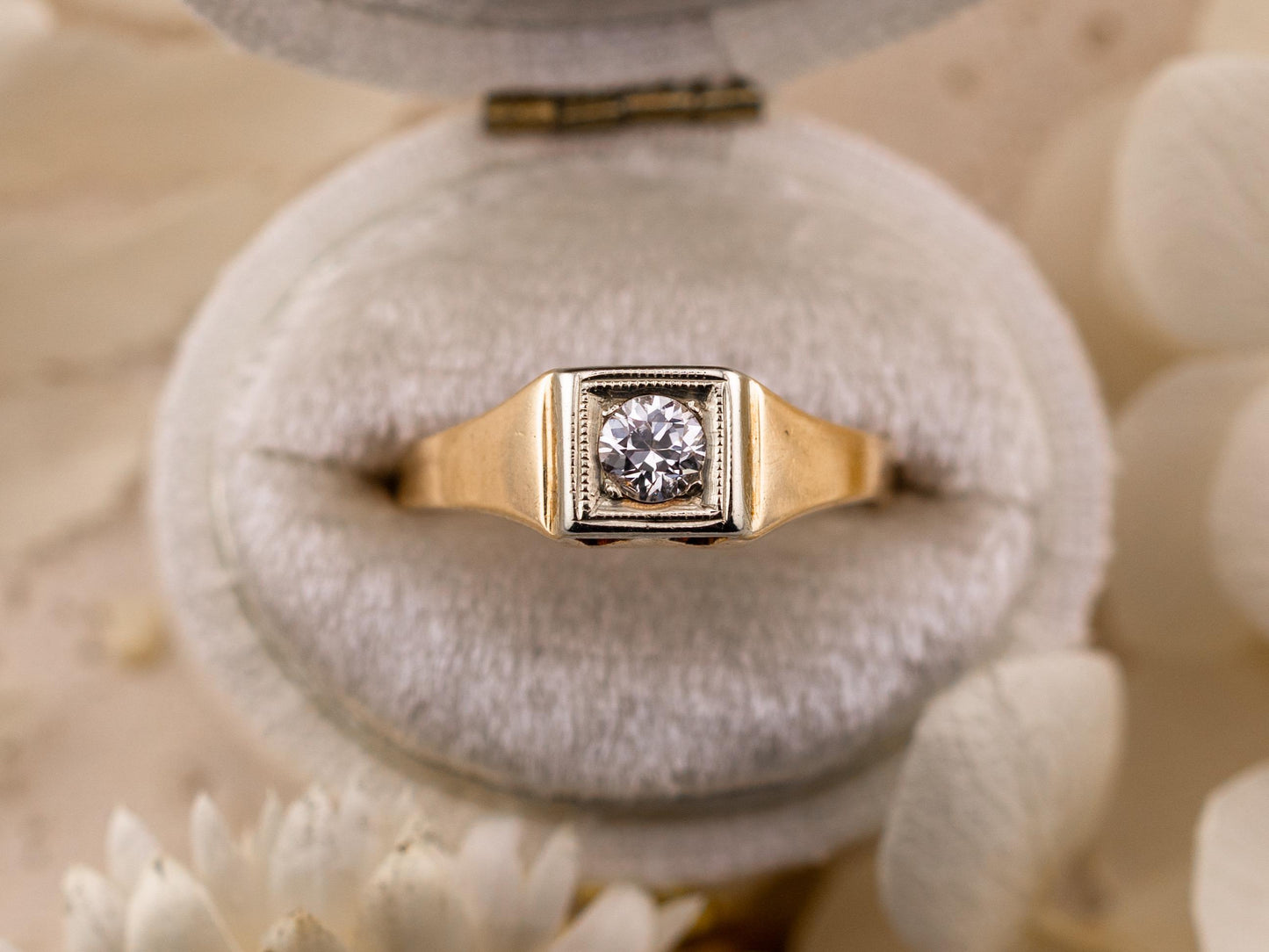 Vintage diamond engagement ring 14k solid gold engagement ring circa 1920s old European cut art deco engagement ring two tone ring, size 5