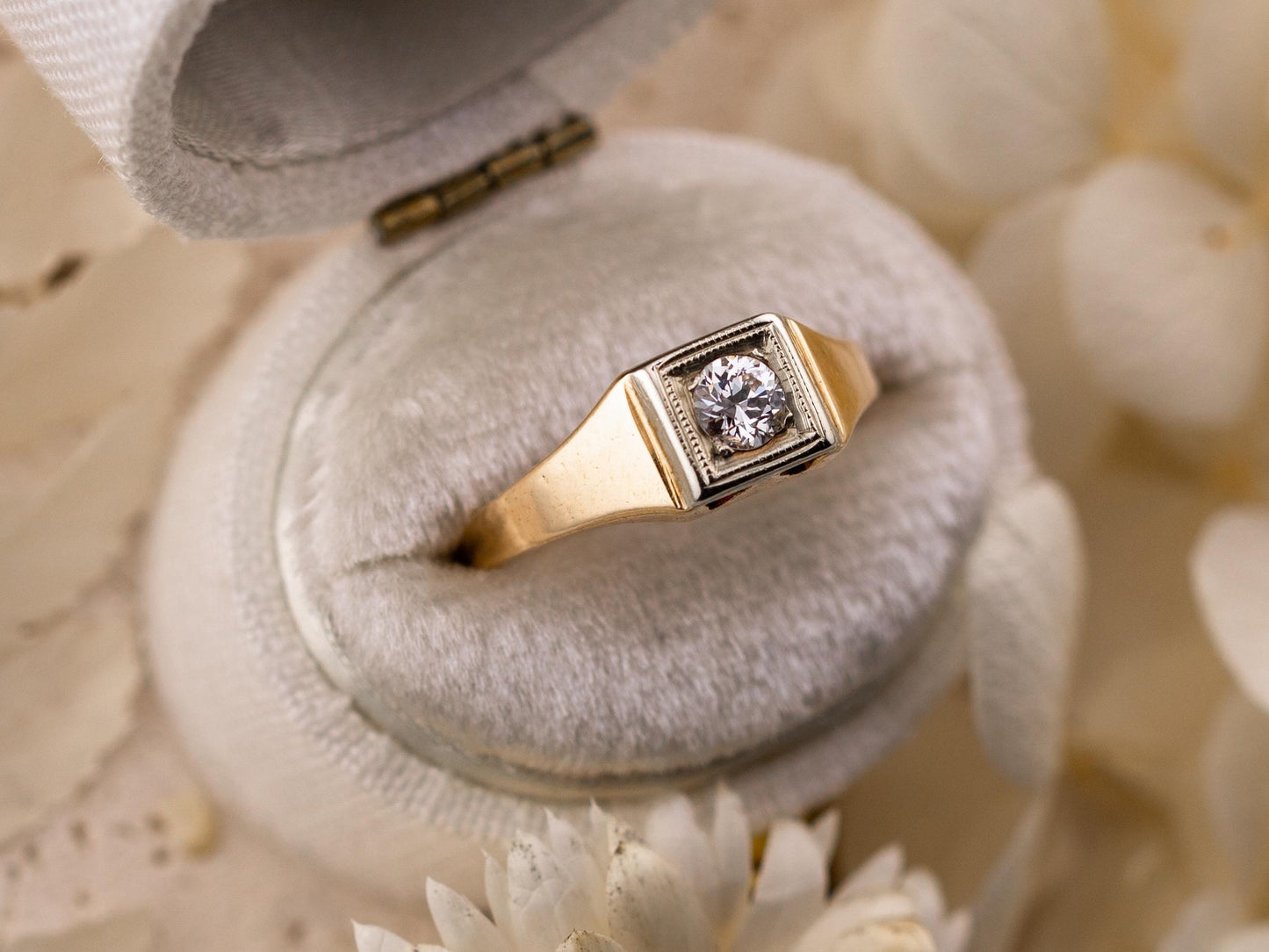 Vintage diamond engagement ring 14k solid gold engagement ring circa 1920s old European cut art deco engagement ring two tone ring, size 5