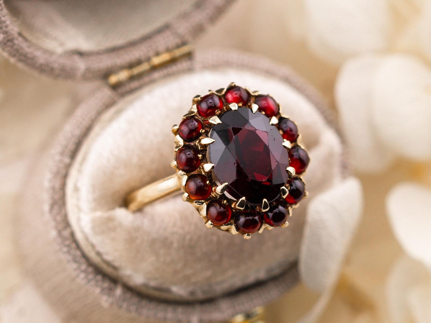 Vintage Garnet Ring halo Ring 8k solid yellow gold ring January Birthstone ring oval garnet