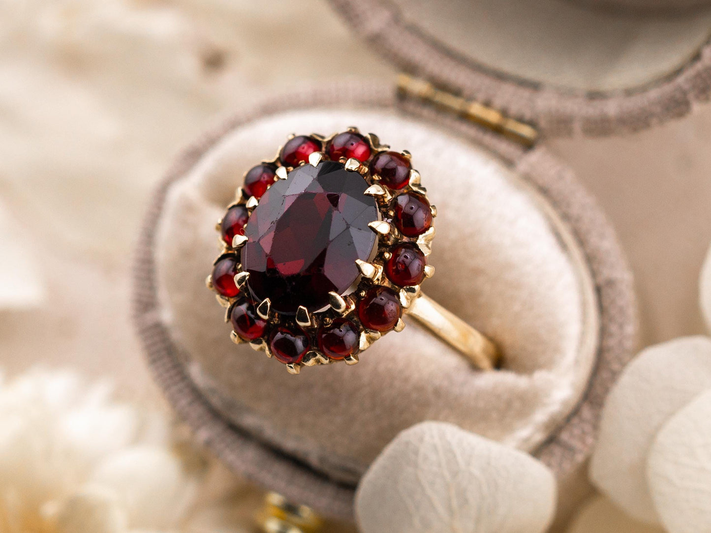 Vintage Garnet Ring halo Ring 8k solid yellow gold ring January Birthstone ring oval garnet