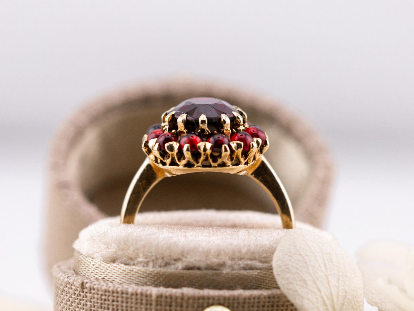 Vintage Garnet Ring halo Ring 8k solid yellow gold ring January Birthstone ring oval garnet