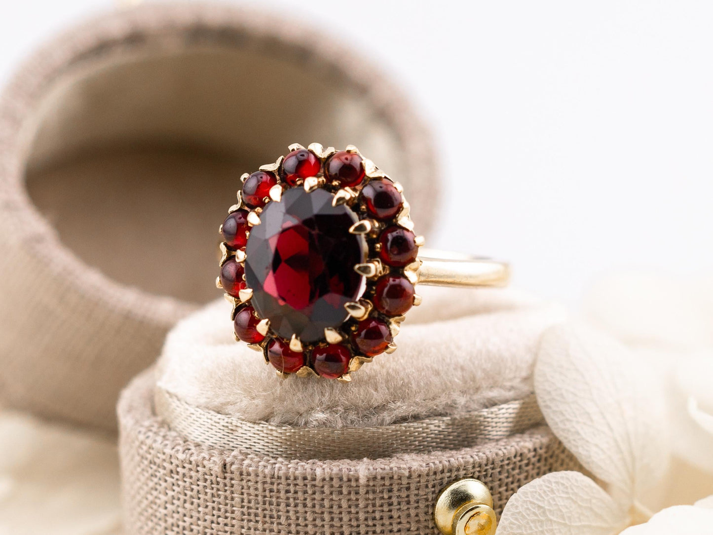 Vintage Garnet Ring halo Ring 8k solid yellow gold ring January Birthstone ring oval garnet