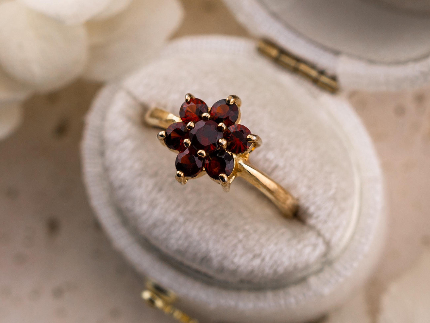 Vintage Garnet ring flower ring 10k solid gold ring January Birthstone ring, size 6