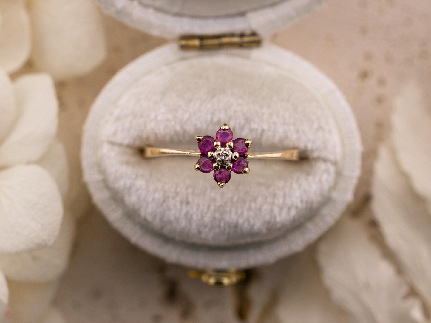 Vintage ruby and diamond ring 10k solid yellow gold flower ring round cut ruby ring genuine vintage ring, size 7