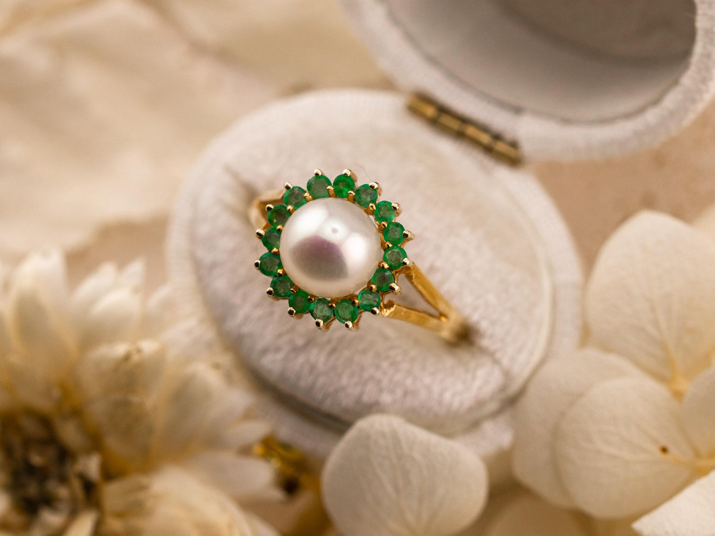 Vintage pearl and emerald ring pearl halo ring 14k solid yellow gold statement or engagement ring genuine antique vintage ring, size 7