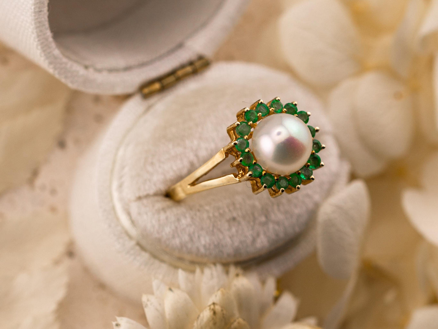 Vintage pearl and emerald ring pearl halo ring 14k solid yellow gold statement or engagement ring genuine antique vintage ring, size 7