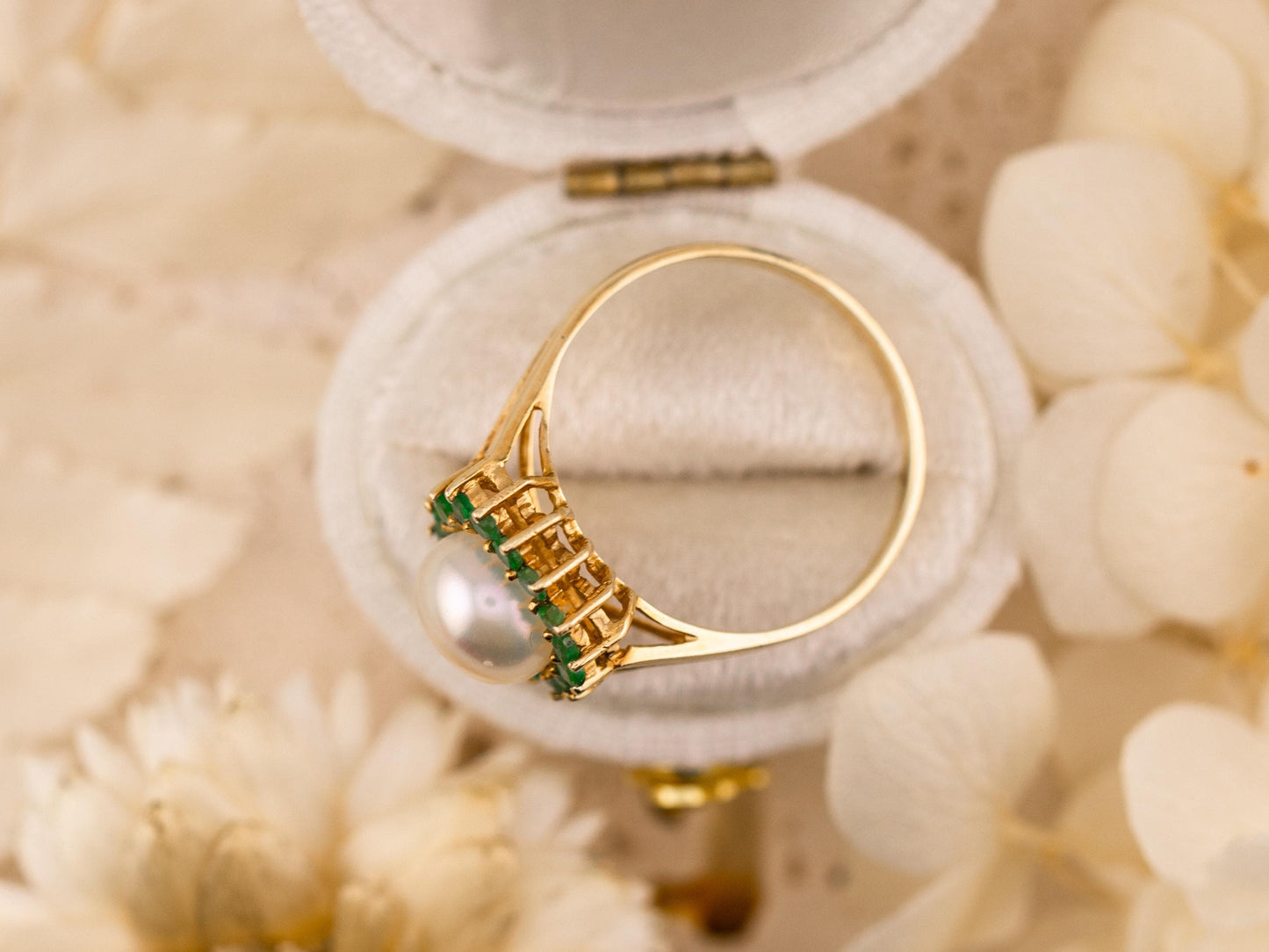 Vintage pearl and emerald ring pearl halo ring 14k solid yellow gold statement or engagement ring genuine antique vintage ring, size 7