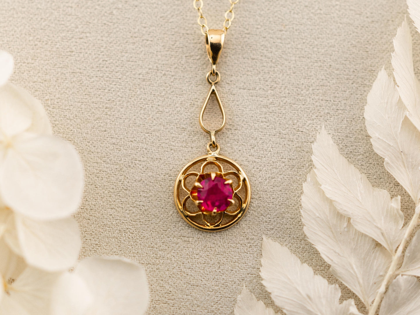 Vintage spinel necklace pendant 14k solid gold pink spinel necklace art deco necklace statement piece floral necklace floral pendant