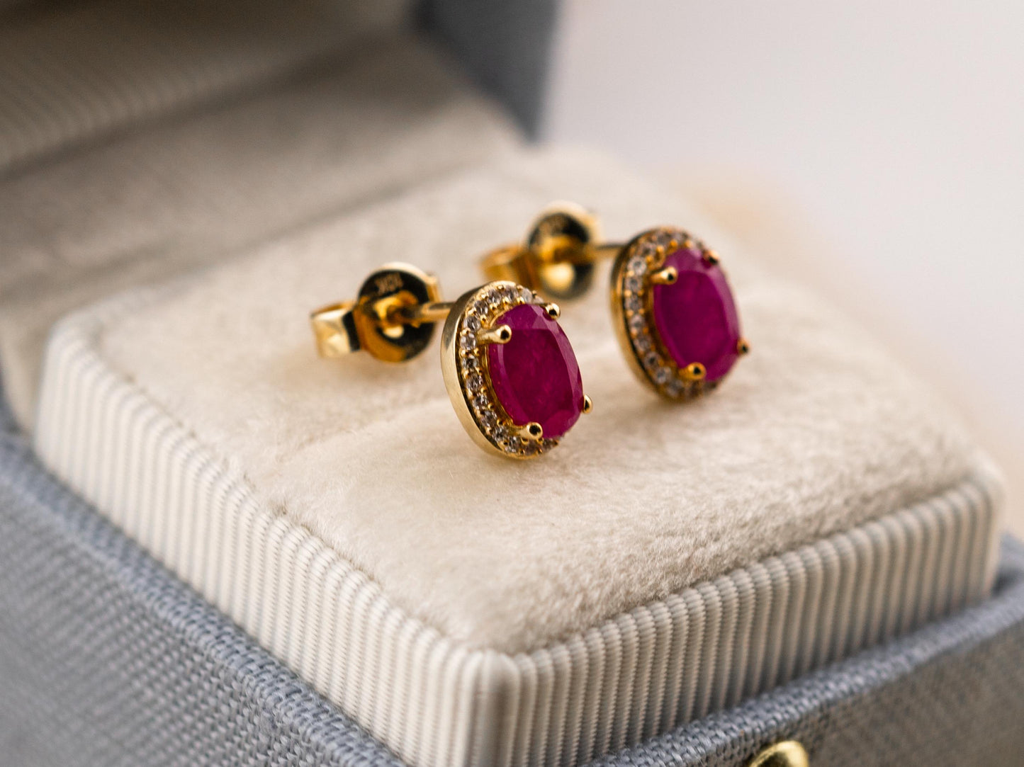 Vintage ruby earrings ruby and diamond earrings 10k solid yellow gold pink oval earrings halo