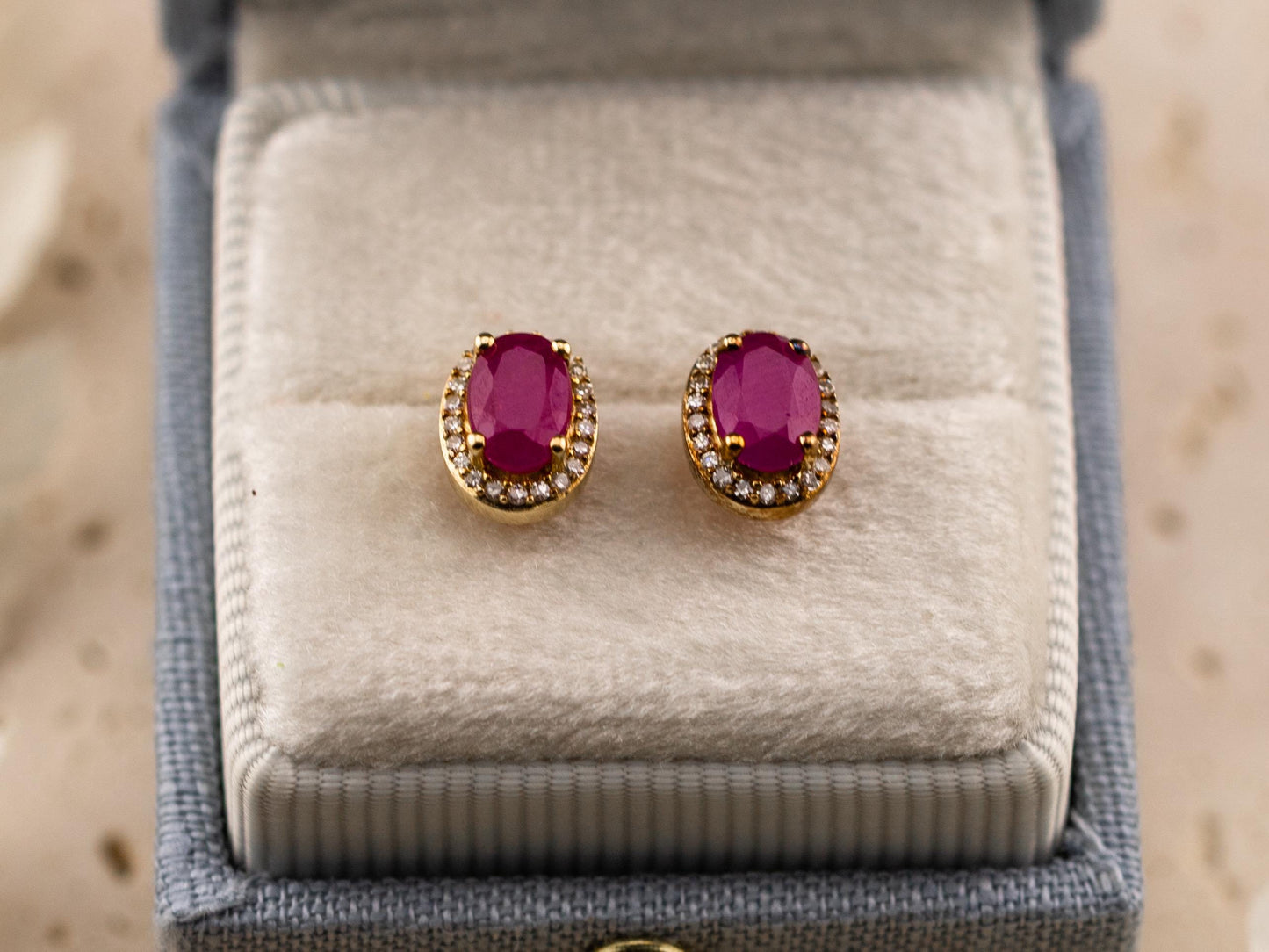 Vintage ruby earrings ruby and diamond earrings 10k solid yellow gold pink oval earrings halo