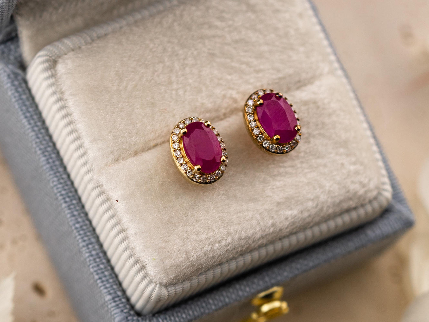 Vintage ruby earrings ruby and diamond earrings 10k solid yellow gold pink oval earrings halo