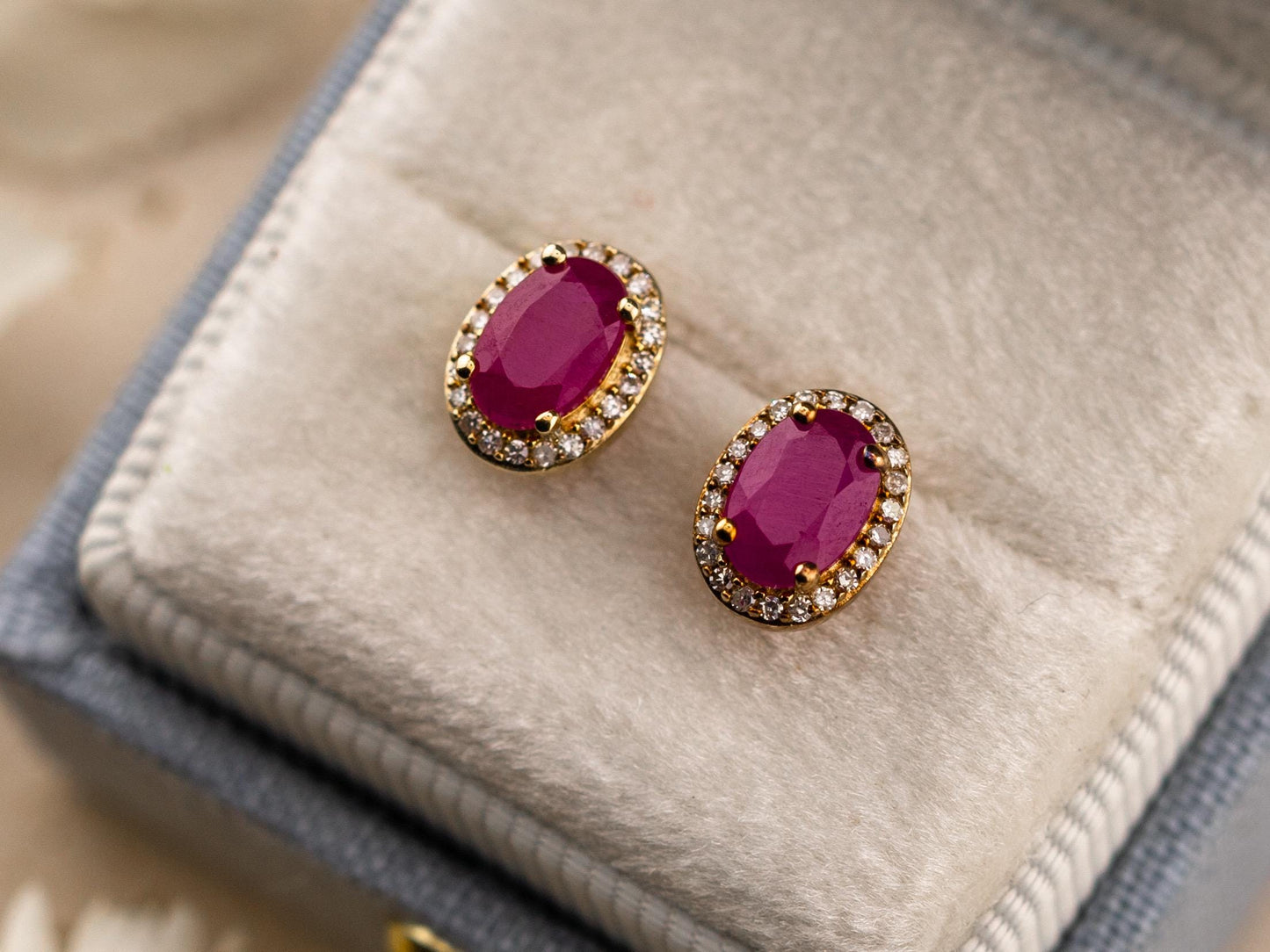 Vintage ruby earrings ruby and diamond earrings 10k solid yellow gold pink oval earrings halo