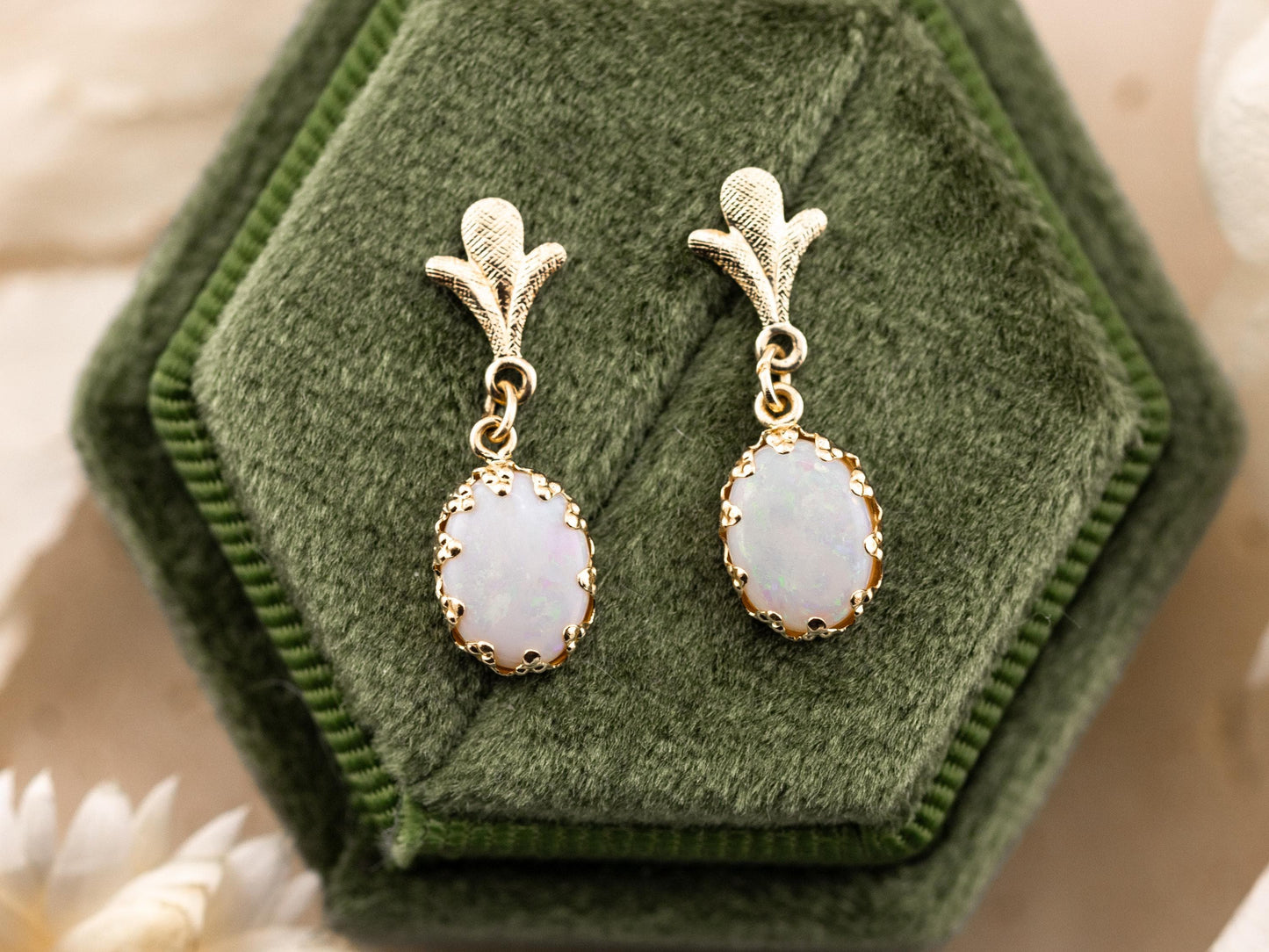 Vintage earrings opal earrings 14k solid yellow gold antique drop earrings oval cut