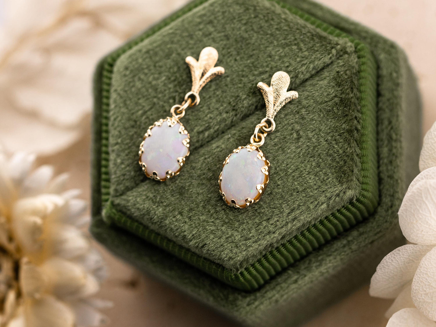 Vintage earrings opal earrings 14k solid yellow gold antique drop earrings oval cut