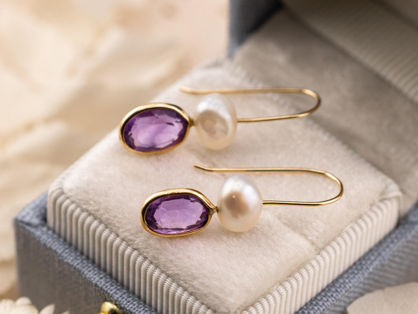 Amethyst and pearl earrings bezel set pear dangle earrings 14k solid yellow gold February birthstone earrings