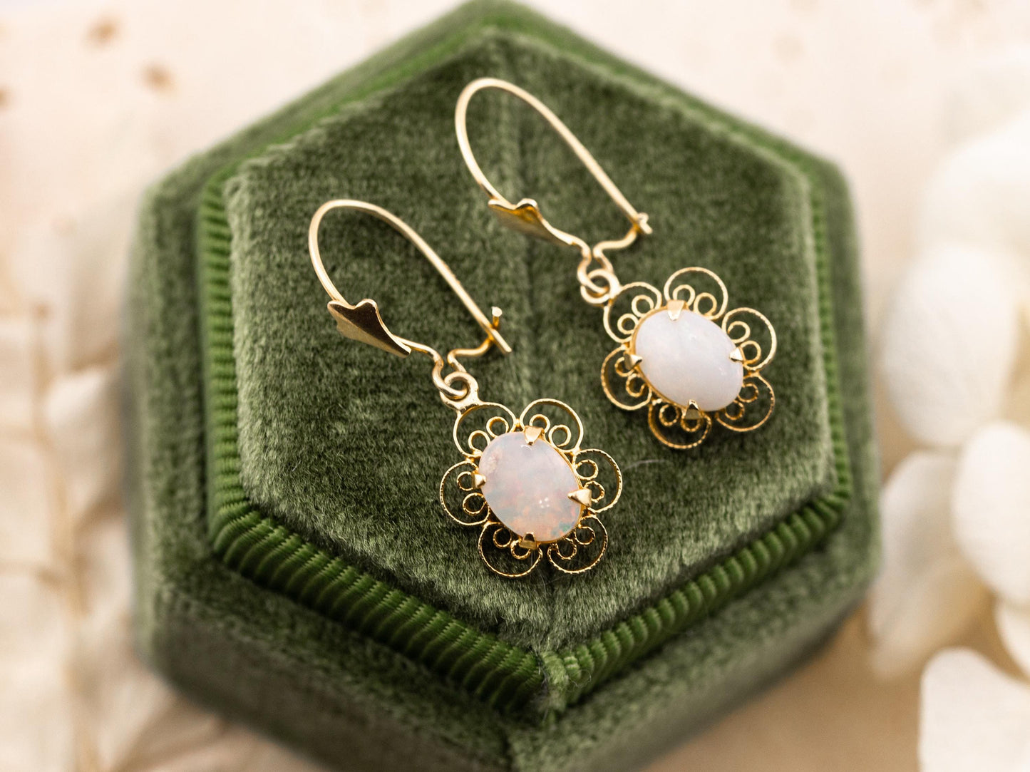 Vintage opal earrings oval cut earrings 14k solid yellow gold floral filigree earrings genuine vintage