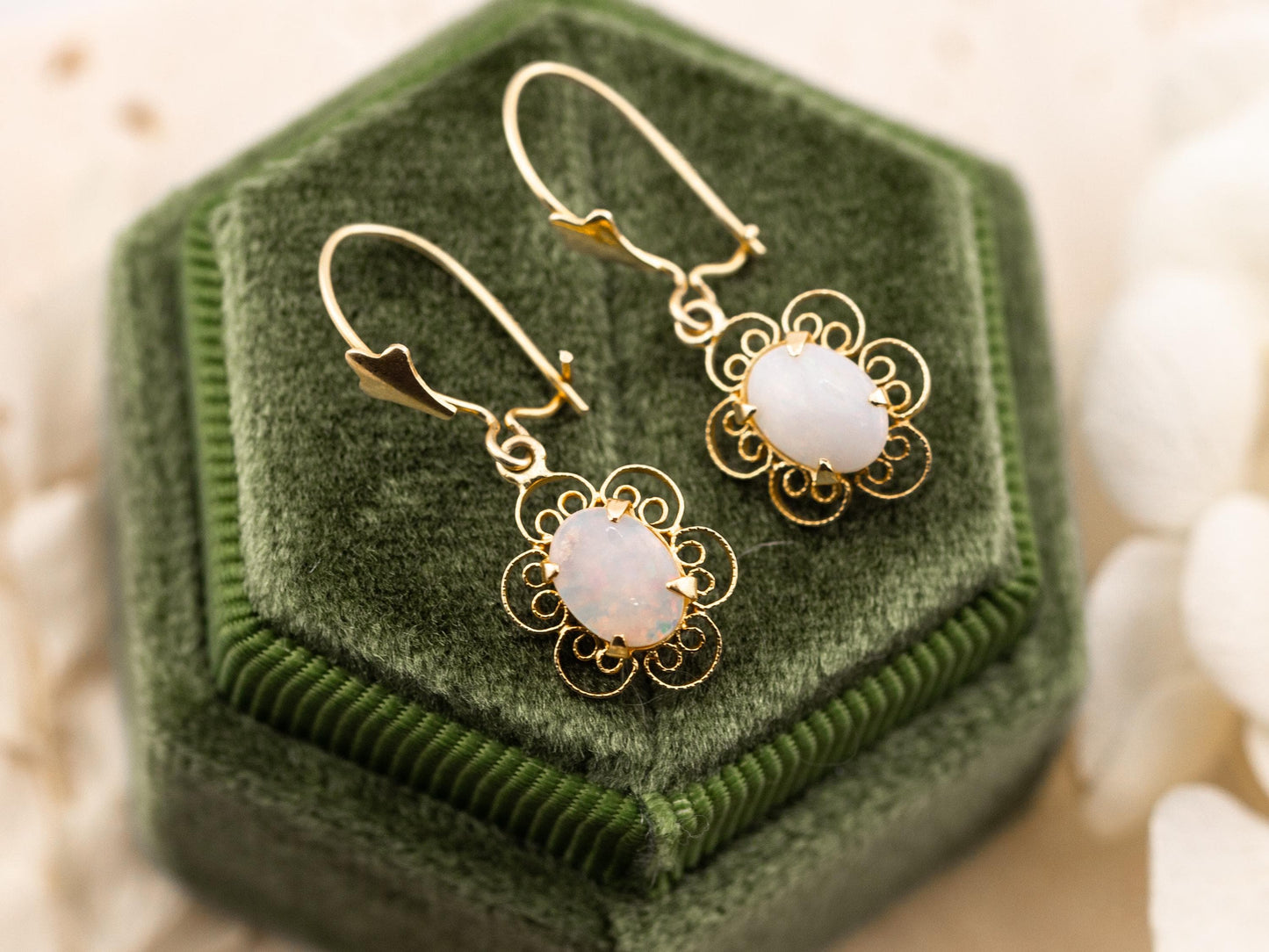 Vintage opal earrings oval cut earrings 14k solid yellow gold floral filigree earrings genuine vintage
