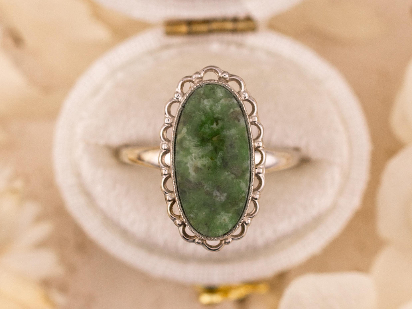 Vintage jade ring oval cut jade 10k solid white gold statement ring bezel set filigree detail genuine antique ring, Size 7