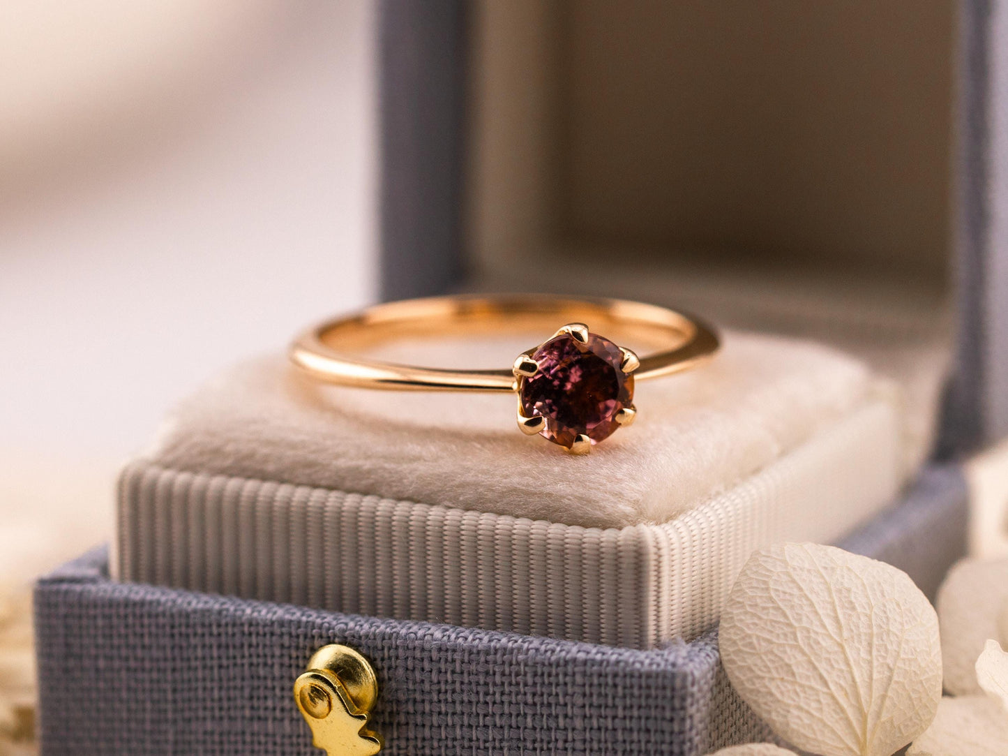 Vintage pink tourmaline ring 9k solid rose gold round cut solitaire ring, size 10
